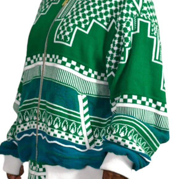 Anz Sweater Jacket Knit Green Keffiyey Zip Front Geo Print Streetwear Size XL - Picture 10 of 16
